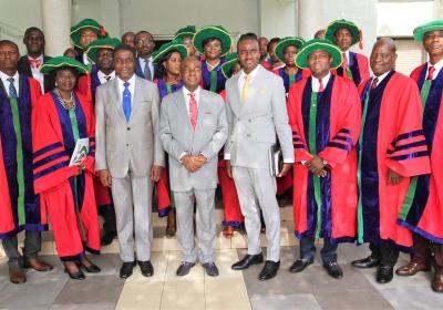 The Chancellor Dr. David Oyedepo 4th L With Other Members Of The Board And The University Senate In A Group Photograph After The 21st Matriculation Ceremony Of Covenant University