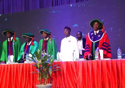 From Left: Registrar, Mr Emmanuel Igban; Deputy Vice-Chancellor, Professor Lanre Amodu; Vice-Chancellor David O. Oyedepo and Covenant University’s 34th Inaugural Lecturer, Professor Akan Williams